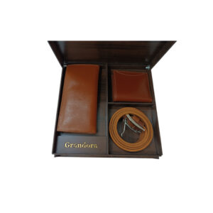 ست مردانه چرم طبیعی 3 تکه قهوه ای - جعبه گردویی