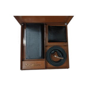 ست 3 تکه چرم طبیعی مردانه مشکی - جعبه فندوقی