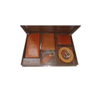 ست 5 تکه چرم طبیعی مردانه قهوه ای - جعبه گردویی